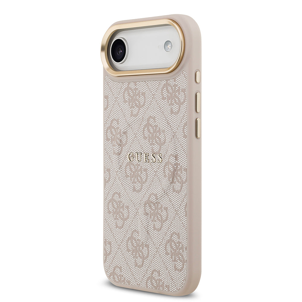 Apple iPhone 17 Air Kılıf Guess Orjinal Lisanslı M-safe Şarj Özellikli Gold Metal Kamera Çerçeveli PU Deri 4G Desenli Yazı Logolu Kapak