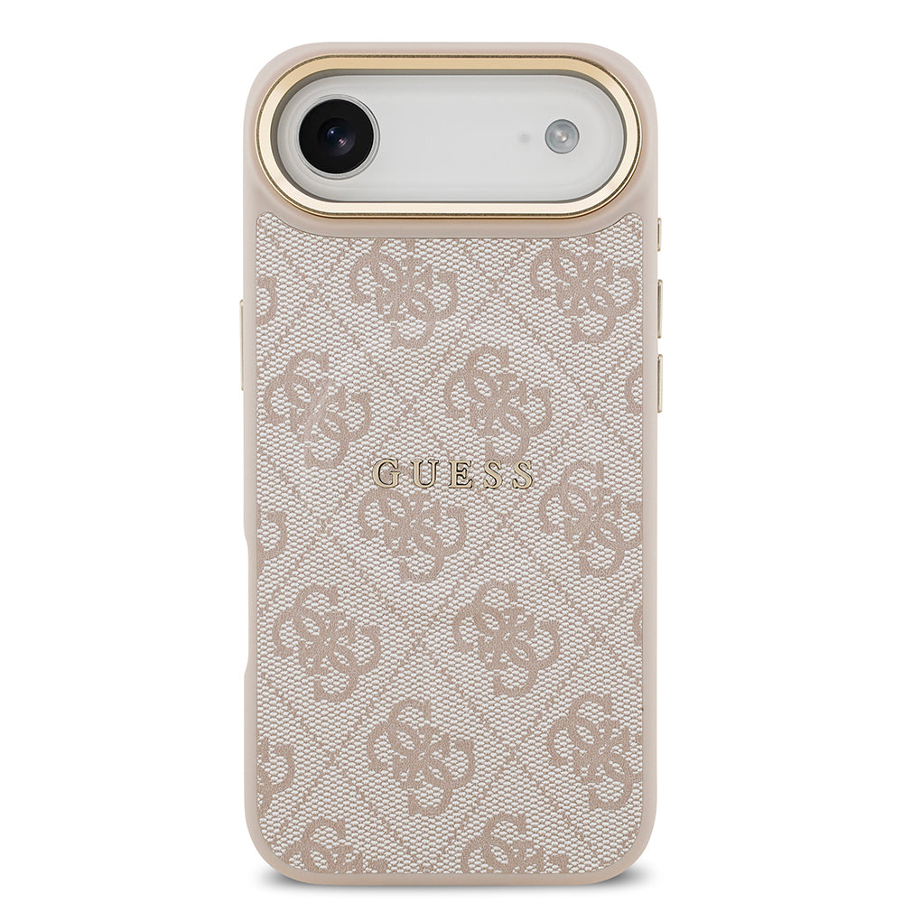 Apple iPhone 17 Air Kılıf Guess Orjinal Lisanslı M-safe Şarj Özellikli Gold Metal Kamera Çerçeveli PU Deri 4G Desenli Yazı Logolu Kapak