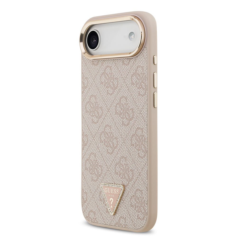 Apple iPhone 17 Air Kılıf Guess Orjinal Lisanslı M-safe Şarj Özellikli Gold Metal Kamera Çerçeveli Taşlı Üçgen Logo 4G Desenli Kapak