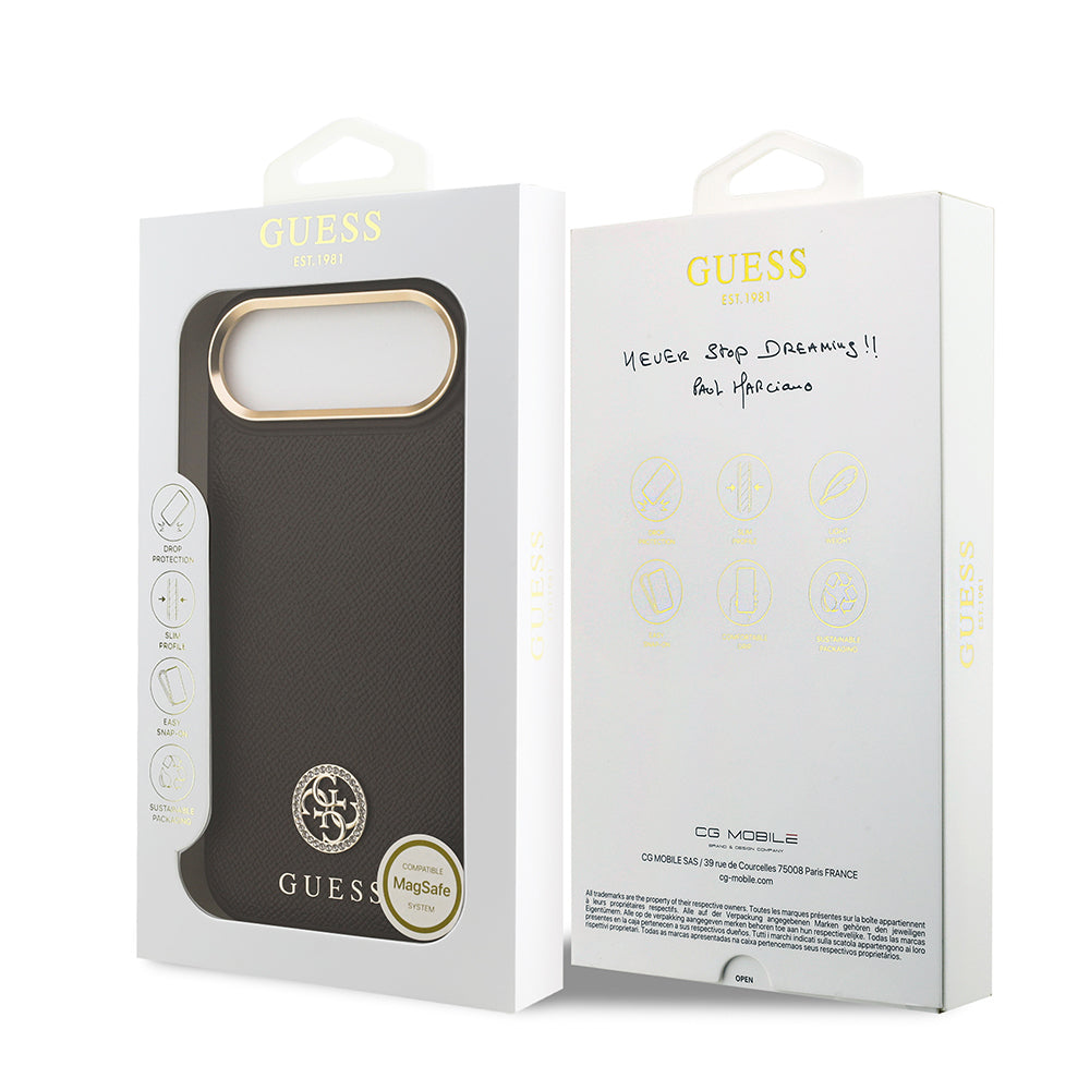 Apple iPhone 17 Air Kılıf Guess Orjinal Lisanslı M-safe Şarj Özellikli Grained Yazı ve Taşlı 4G Logolu Kapak