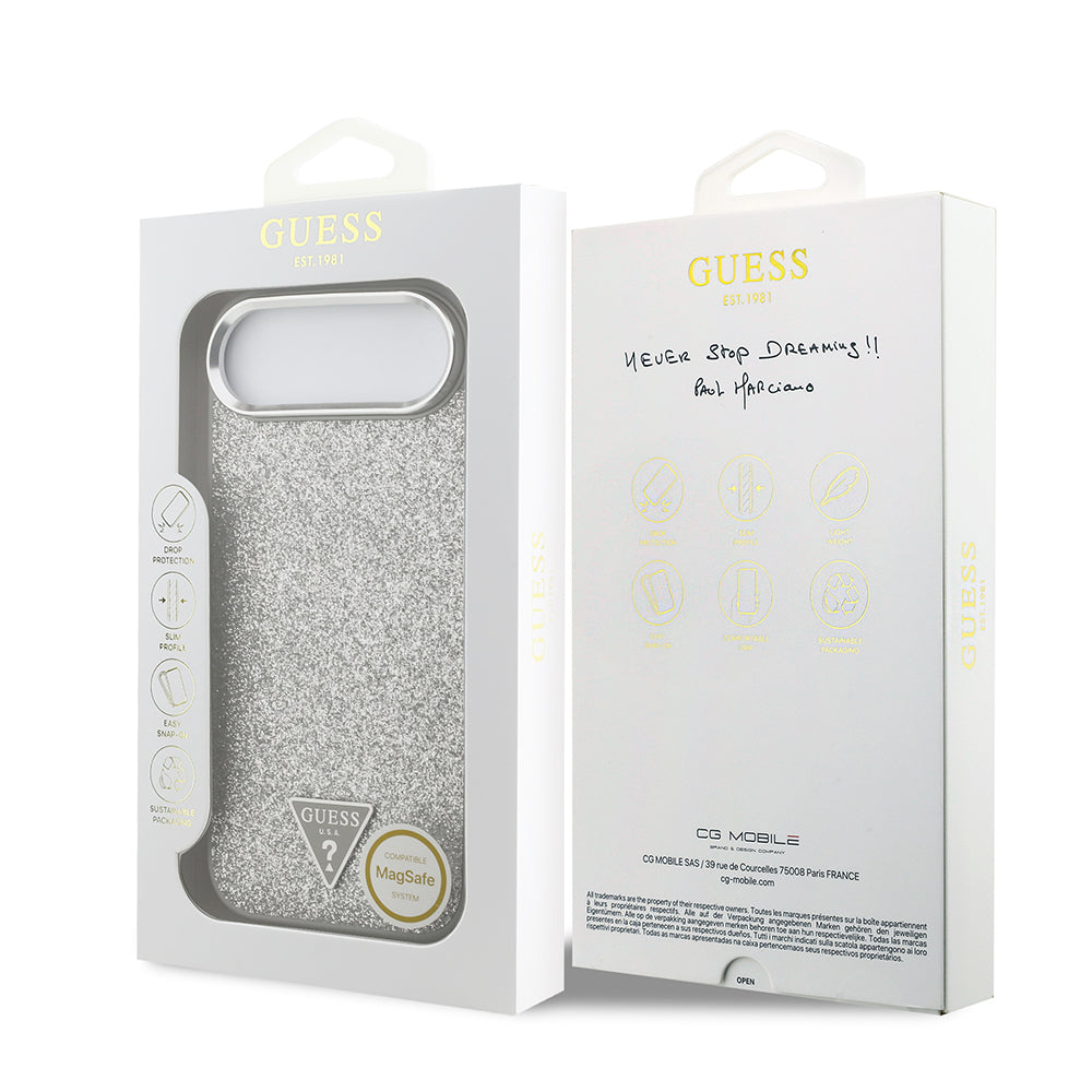 Apple iPhone 17 Air Kılıf Guess Orjinal Lisanslı M-safe Şarj Özellikli Metal Kamera Çerçeveli Üçgen Logolu Glitter Kapak