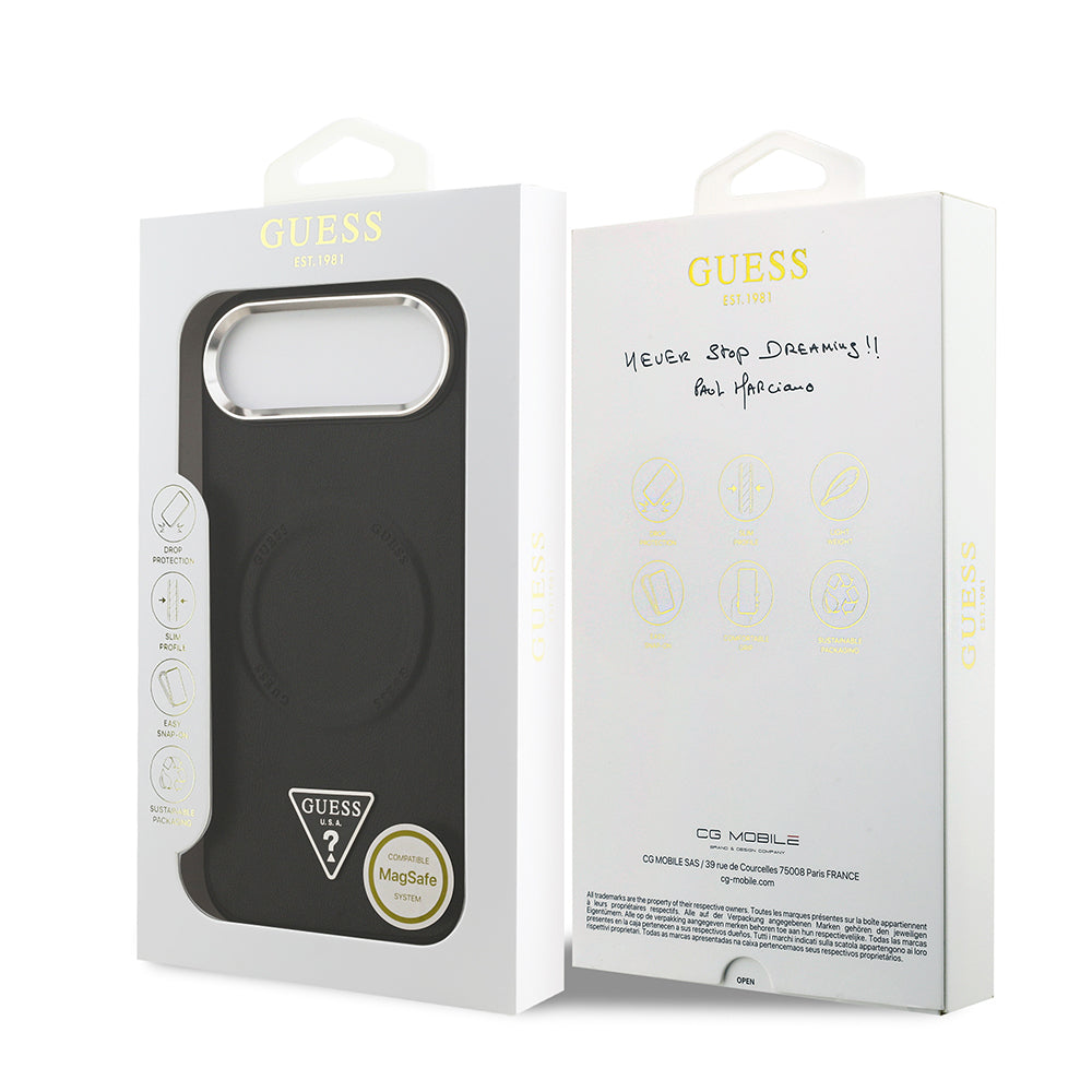 Apple iPhone 17 Air Kılıf Guess Orjinal Lisanslı M-safe Şarj Özellikli PU Deri Metal Kamera Çerçeveli Üçgen Logolu Kapak