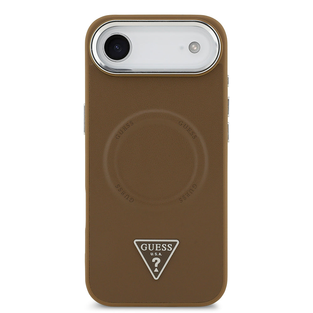 Apple iPhone 17 Air Kılıf Guess Orjinal Lisanslı M-safe Şarj Özellikli PU Deri Metal Kamera Çerçeveli Üçgen Logolu Kapak