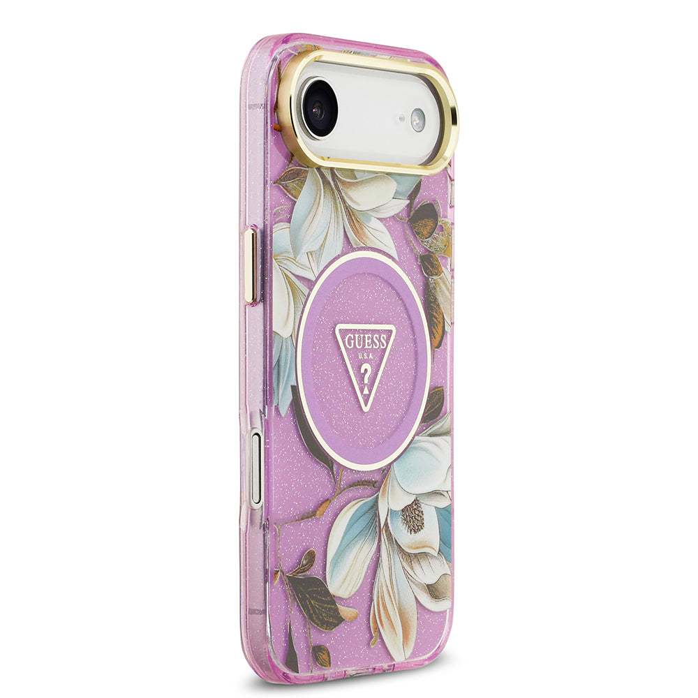 Apple iPhone 17 Air Kılıf Guess Orjinal Lisanslı M-safe Şarj Özellikli Simli Çiçek Desenli Metal Kamera Çerçeveli Üçgen Logolu Kapak
