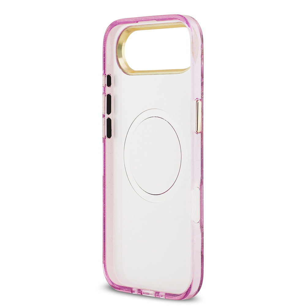 Apple iPhone 17 Air Kılıf Guess Orjinal Lisanslı M-safe Şarj Özellikli Simli Çiçek Desenli Metal Kamera Çerçeveli Üçgen Logolu Kapak