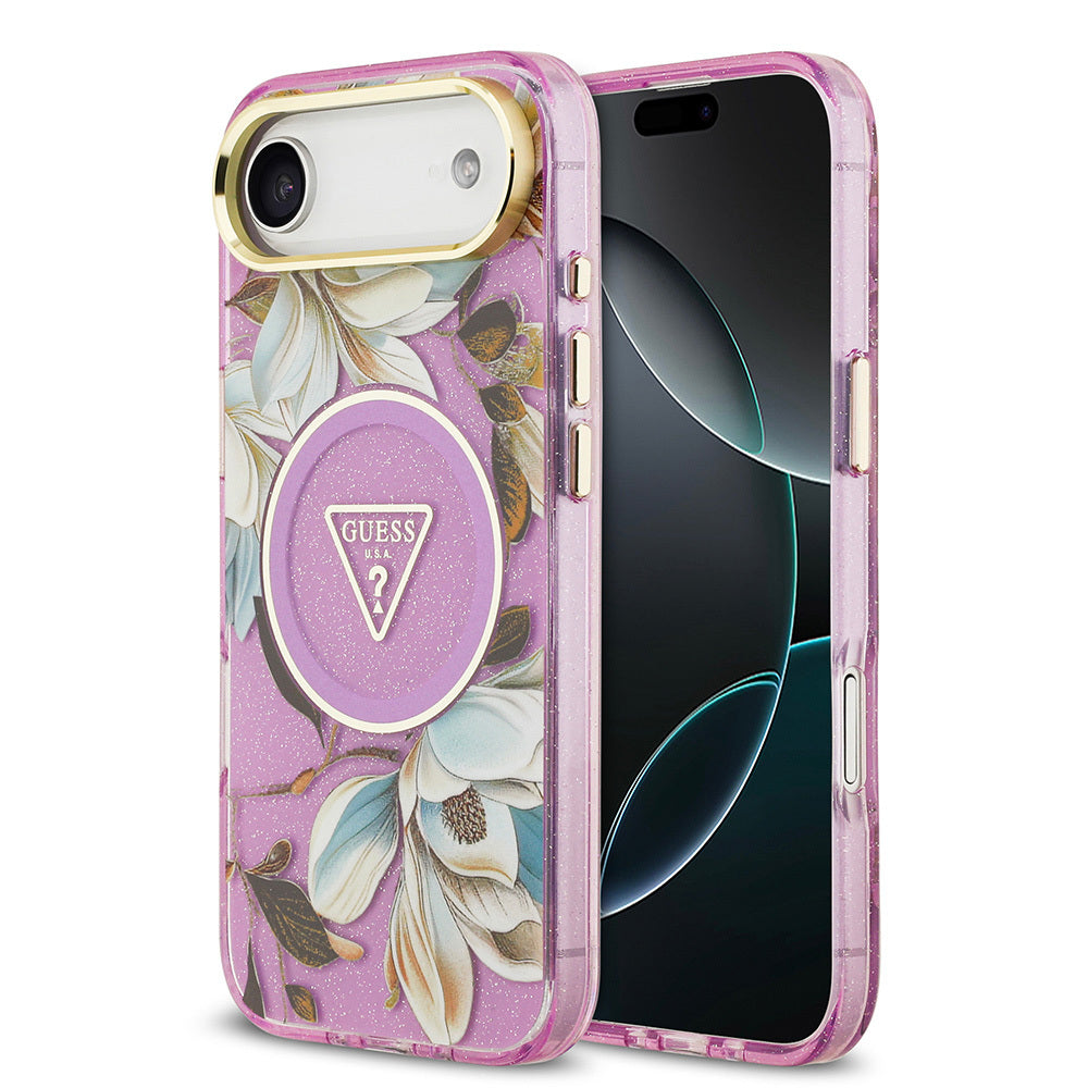 Apple iPhone 17 Air Kılıf Guess Orjinal Lisanslı M-safe Şarj Özellikli Simli Çiçek Desenli Metal Kamera Çerçeveli Üçgen Logolu Kapak
