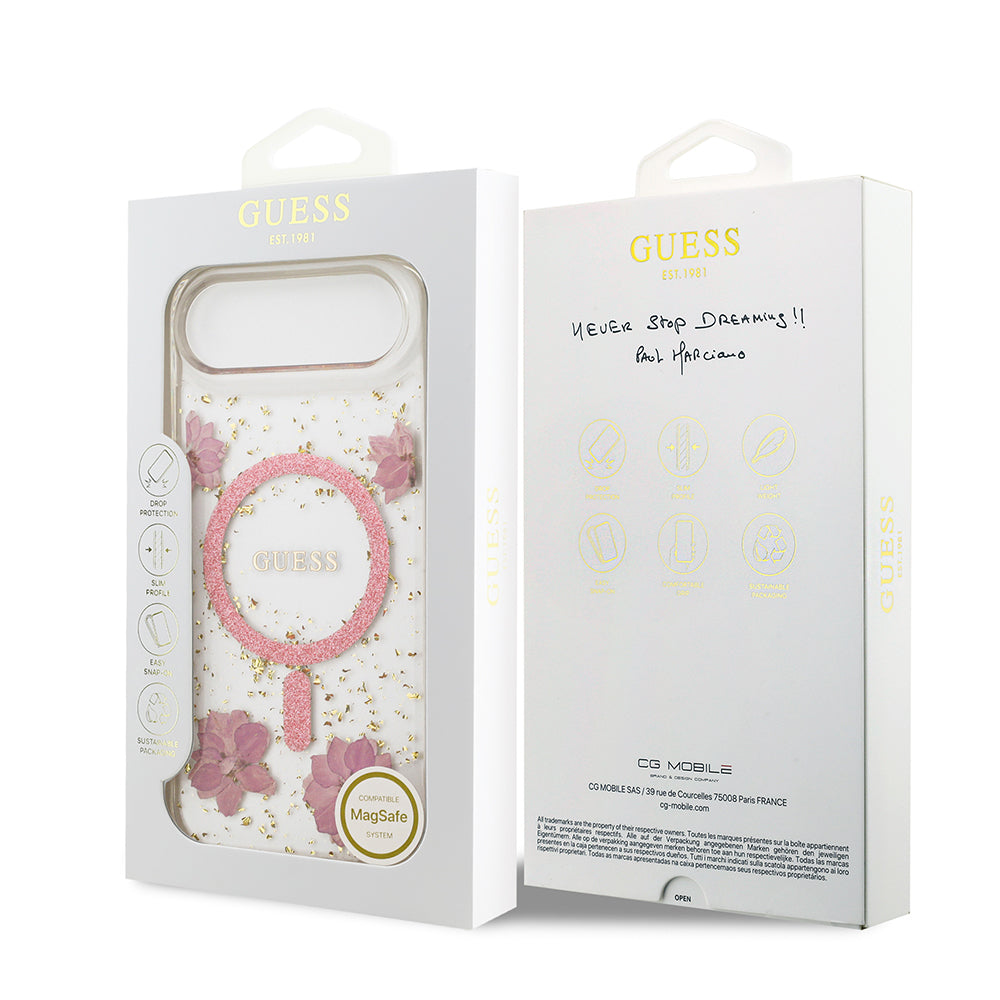 Apple iPhone 17 Air Kılıf Guess Orjinal Lisanslı M-safe Şarj Özellikli Transparan Resin Flowers Kapak
