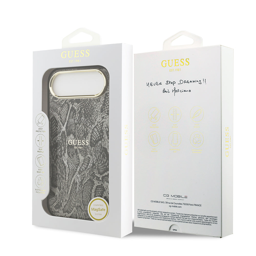 Apple iPhone 17 Air Kılıf Guess Orjinal Lisanslı M-safe Şarj Özellikli Yazı Logolu Python Desenli Kapak