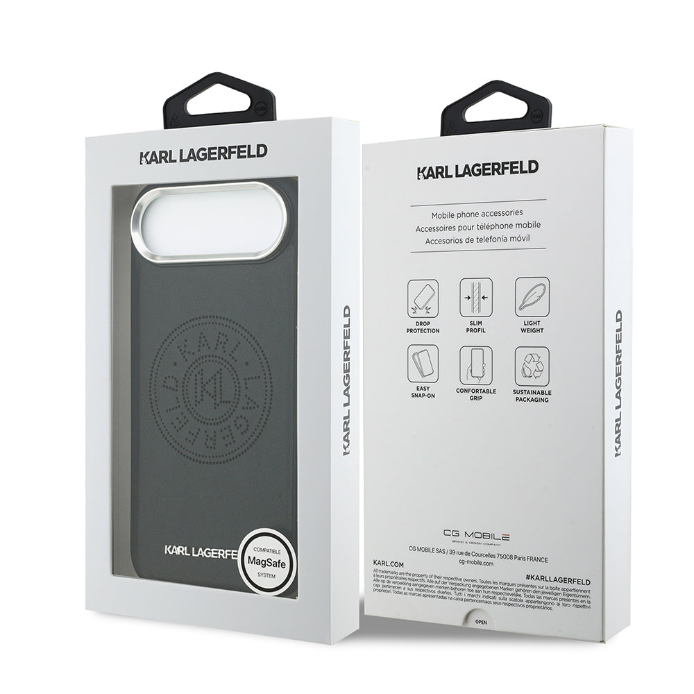 Apple iPhone 17 Air Kılıf Karl Lagerfeld Orjinal Lisanslı M-safe Şarj Özellikli Delikli Tasarım Metal Logolu PU Deri Kapak