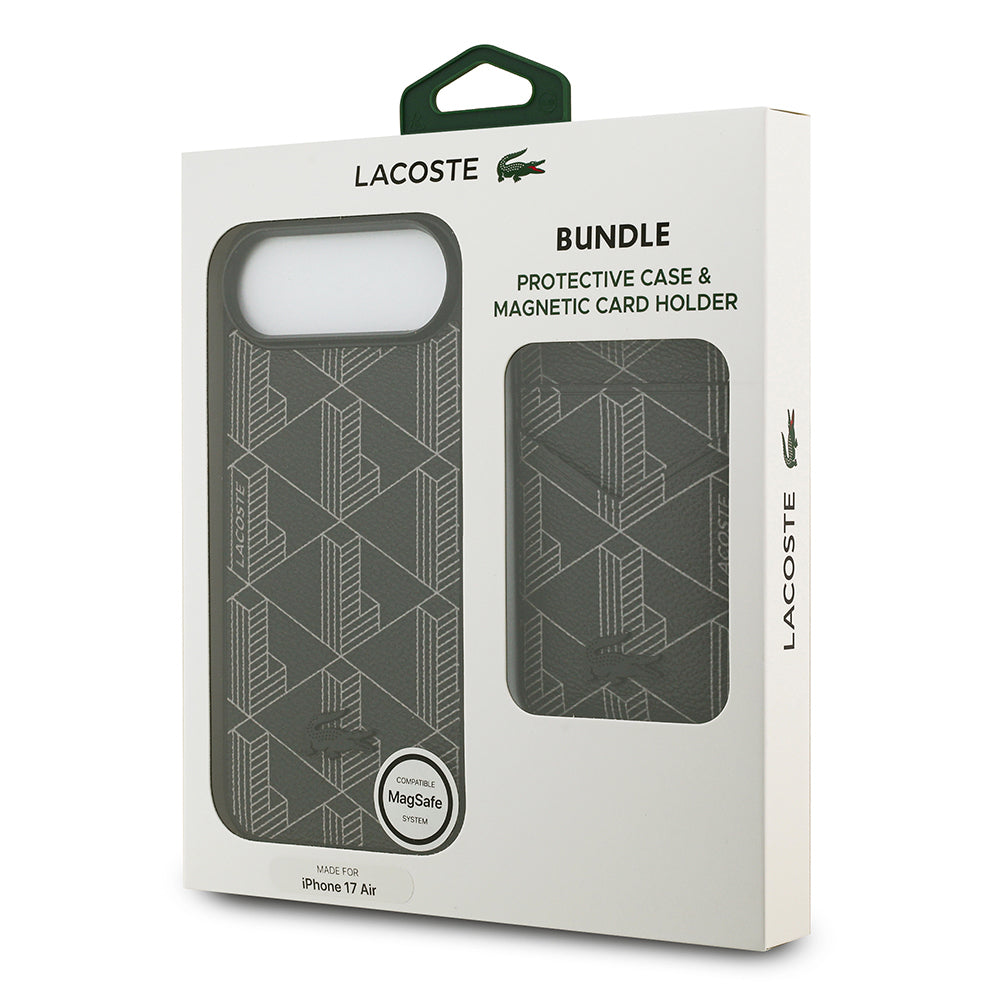 Apple iPhone 17 Air Kılıf Lacoste Orjinal Lisanslı M-safe Şarj Özellikli PU Deri Tasarımlı Kartlıklı Karışık Monogram Desenli Kapak