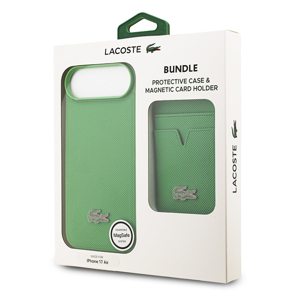 Apple iPhone 17 Air Kılıf Lacoste Orjinal Lisanslı M-safe Şarj Özellikli PU Pike Desenli Metal Logolu Kartlıklı Kapak