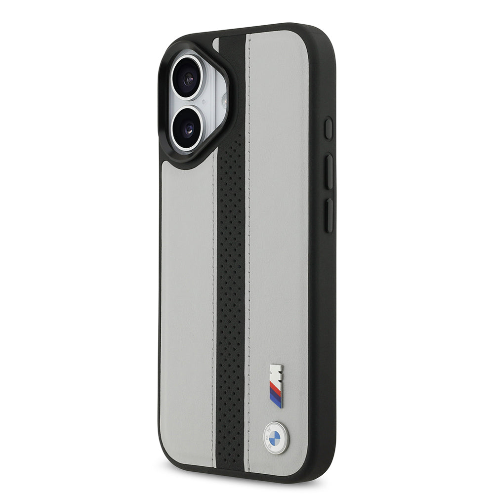 Apple iPhone 17 Kılıf BMW Orjinal Lisanslı M-safe Şarj Özellikli Deri Arka Yüzey Metal Logolu Delikli Şerit Tasarımlı Kapak