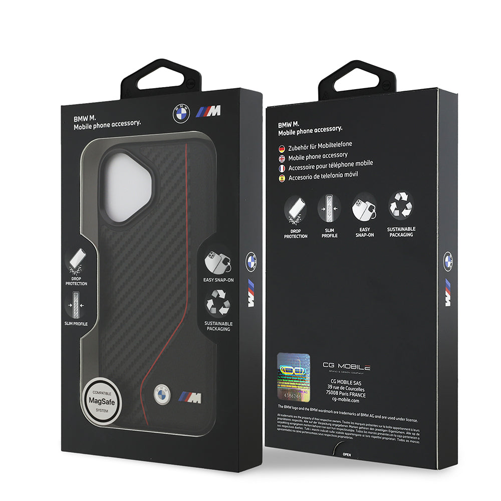Apple iPhone 17 Kılıf BMW Orjinal Lisanslı M-safe Şarj Özellikli Metal BMW ve M Logolu PU Karbon Tasarımlı Kapak