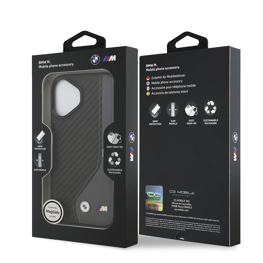 Apple iPhone 17 Kılıf BMW Orjinal Lisanslı M-safe Şarj Özellikli Metal BMW ve M Logolu PU Karbon Tasarımlı Kapak
