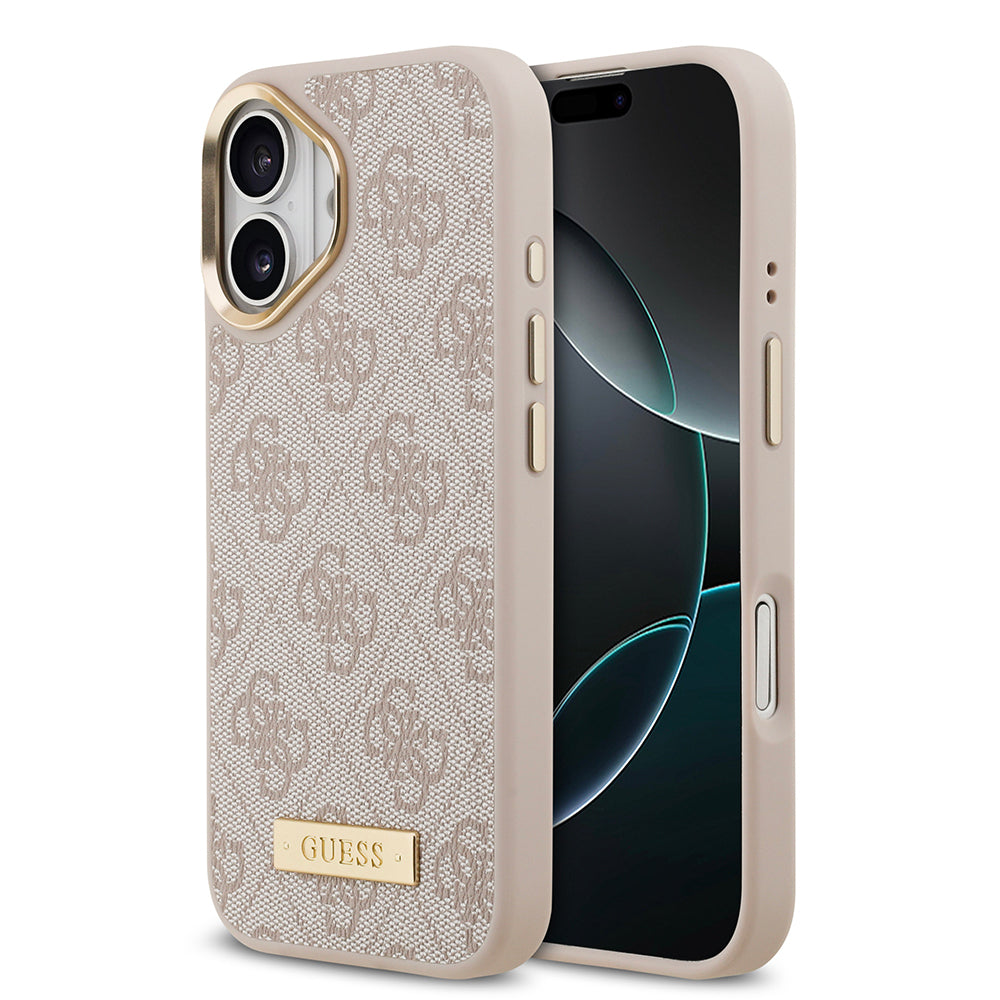 Apple iPhone 17 Kılıf Guess Orjinal Lisanslı M-safe Şarj Özellikli 4G Desenli PU Metal Plaka Klasik Logolu Kapak