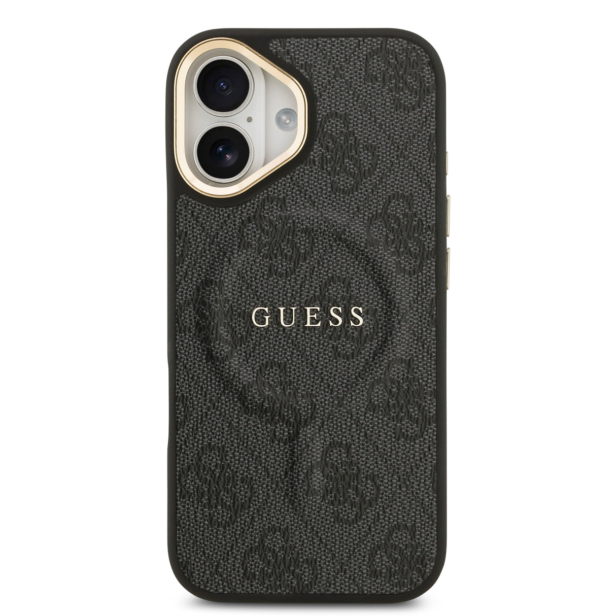 Apple iPhone 17 Kılıf Guess Orjinal Lisanslı M-safe Şarj Özellikli Gold Metal Kamera Çerçeveli PU Deri 4G Desenli Yazı Logolu Kapak