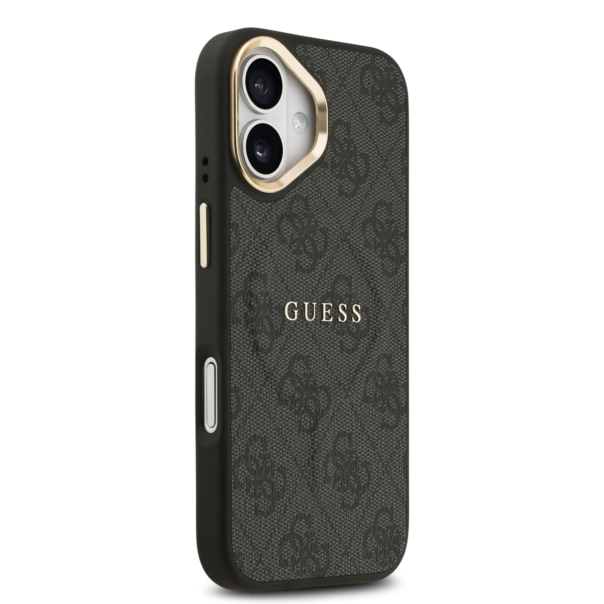 Apple iPhone 17 Kılıf Guess Orjinal Lisanslı M-safe Şarj Özellikli Gold Metal Kamera Çerçeveli PU Deri 4G Desenli Yazı Logolu Kapak