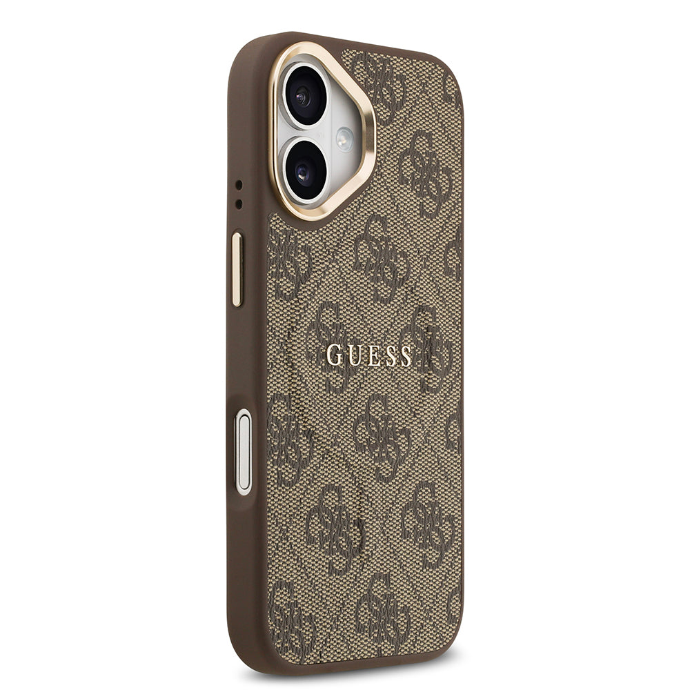 Apple iPhone 17 Kılıf Guess Orjinal Lisanslı M-safe Şarj Özellikli Gold Metal Kamera Çerçeveli PU Deri 4G Desenli Yazı Logolu Kapak