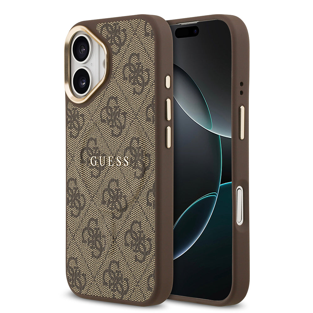 Apple iPhone 17 Kılıf Guess Orjinal Lisanslı M-safe Şarj Özellikli Gold Metal Kamera Çerçeveli PU Deri 4G Desenli Yazı Logolu Kapak