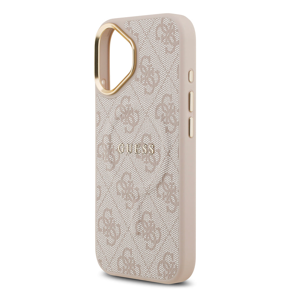 Apple iPhone 17 Kılıf Guess Orjinal Lisanslı M-safe Şarj Özellikli Gold Metal Kamera Çerçeveli PU Deri 4G Desenli Yazı Logolu Kapak