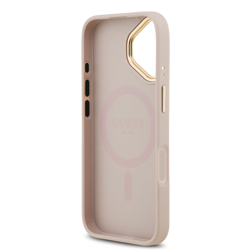 Apple iPhone 17 Kılıf Guess Orjinal Lisanslı M-safe Şarj Özellikli Gold Metal Kamera Çerçeveli PU Deri 4G Desenli Yazı Logolu Kapak