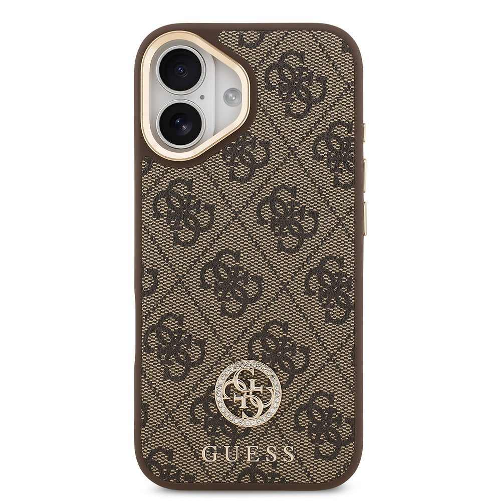 Apple iPhone 17 Kılıf Guess Orjinal Lisanslı M-safe Şarj Özellikli Gold Metal Kamera Çerçeveli Taşlı 4G Logolu Kapak