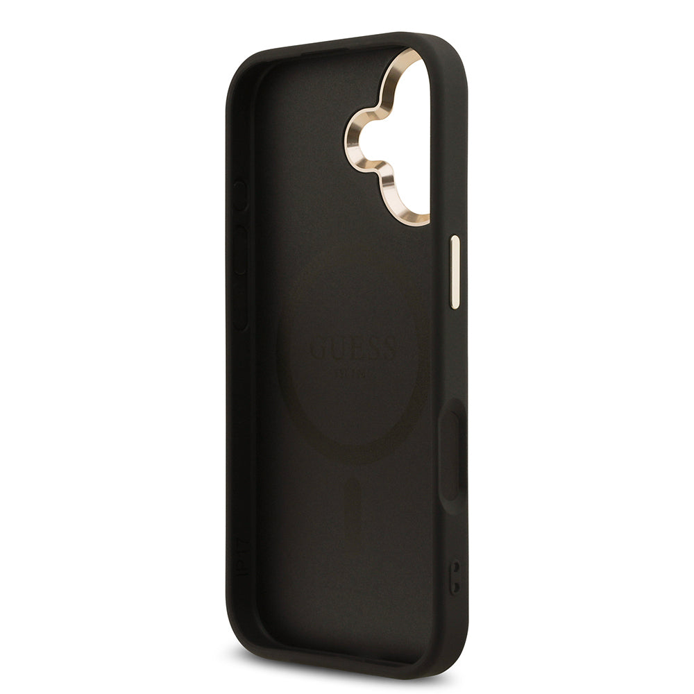 Apple iPhone 17 Kılıf Guess Orjinal Lisanslı M-safe Şarj Özellikli Gold Metal Kamera Çerçeveli Taşlı Üçgen Logo 4G Desenli Kapak