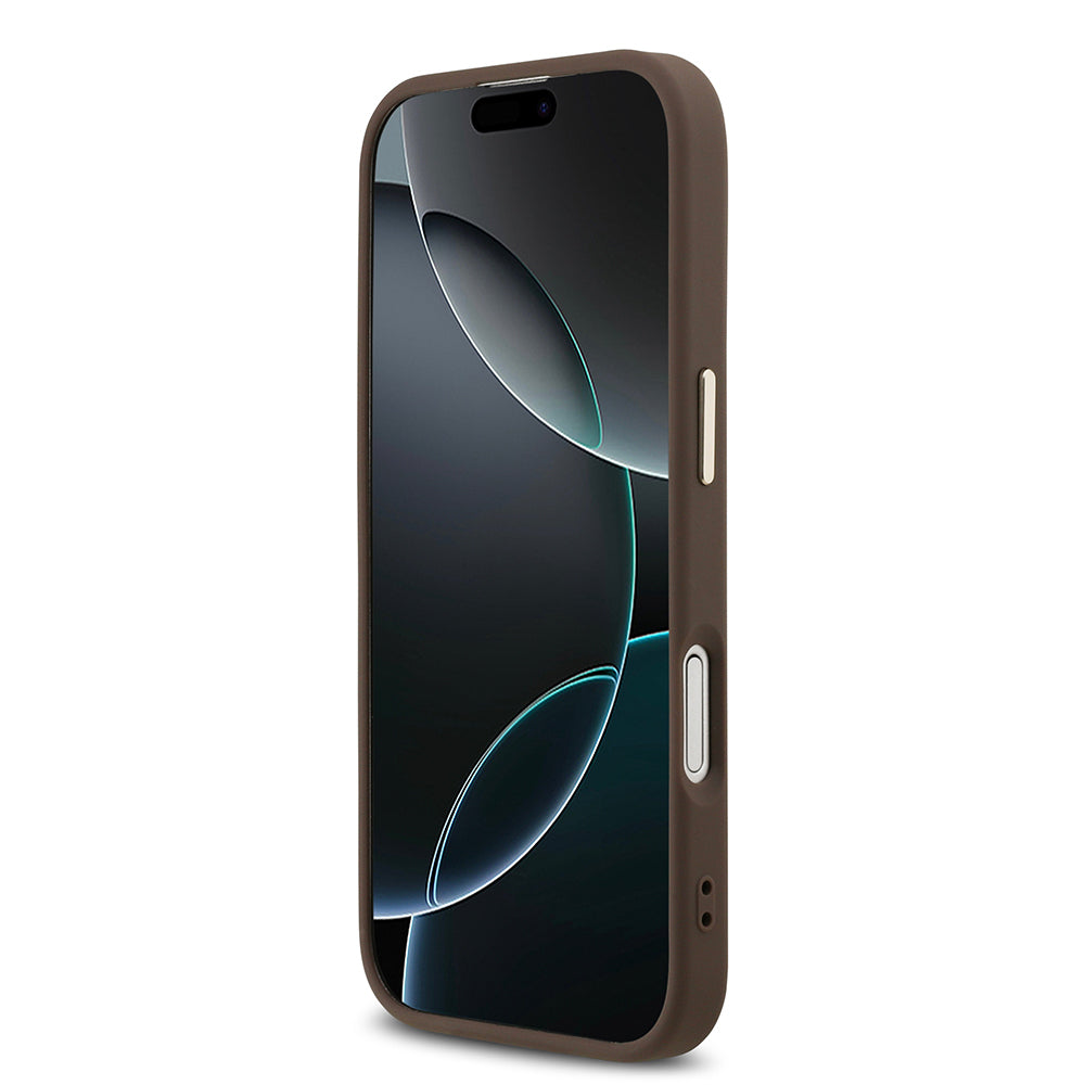 Apple iPhone 17 Kılıf Guess Orjinal Lisanslı M-safe Şarj Özellikli Gold Metal Kamera Çerçeveli Taşlı Üçgen Logo 4G Desenli Kapak