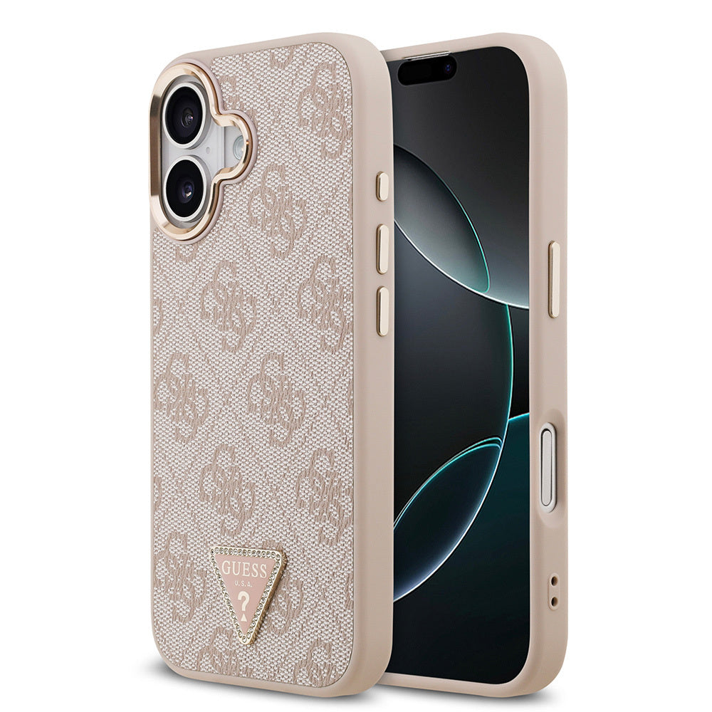 Apple iPhone 17 Kılıf Guess Orjinal Lisanslı M-safe Şarj Özellikli Gold Metal Kamera Çerçeveli Taşlı Üçgen Logo 4G Desenli Kapak