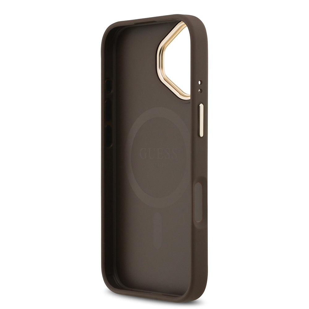 Apple iPhone 17 Kılıf Guess Orjinal Lisanslı M-safe Şarj Özellikli Grained Yazı ve Taşlı 4G Logolu Kapak