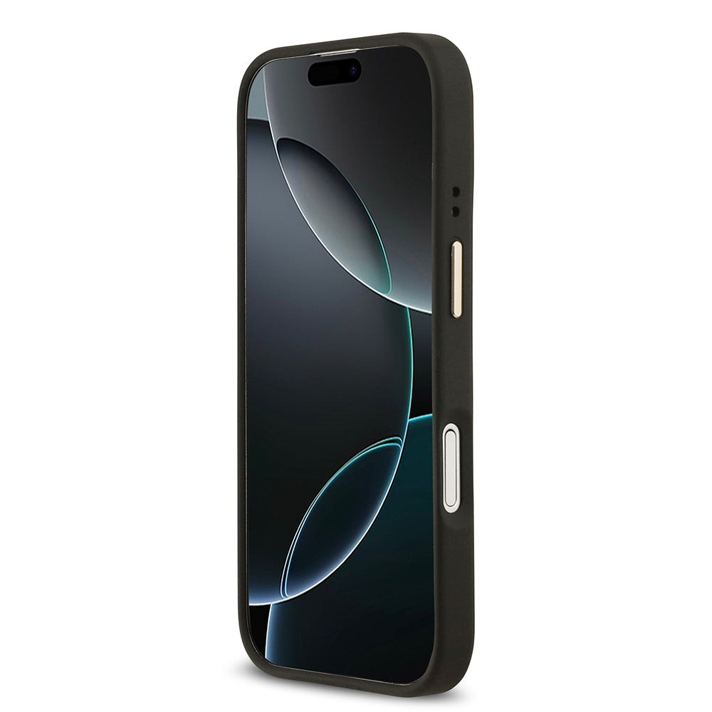 Apple iPhone 17 Kılıf Guess Orjinal Lisanslı M-safe Şarj Özellikli Grained Yazı ve Taşlı 4G Logolu Kapak