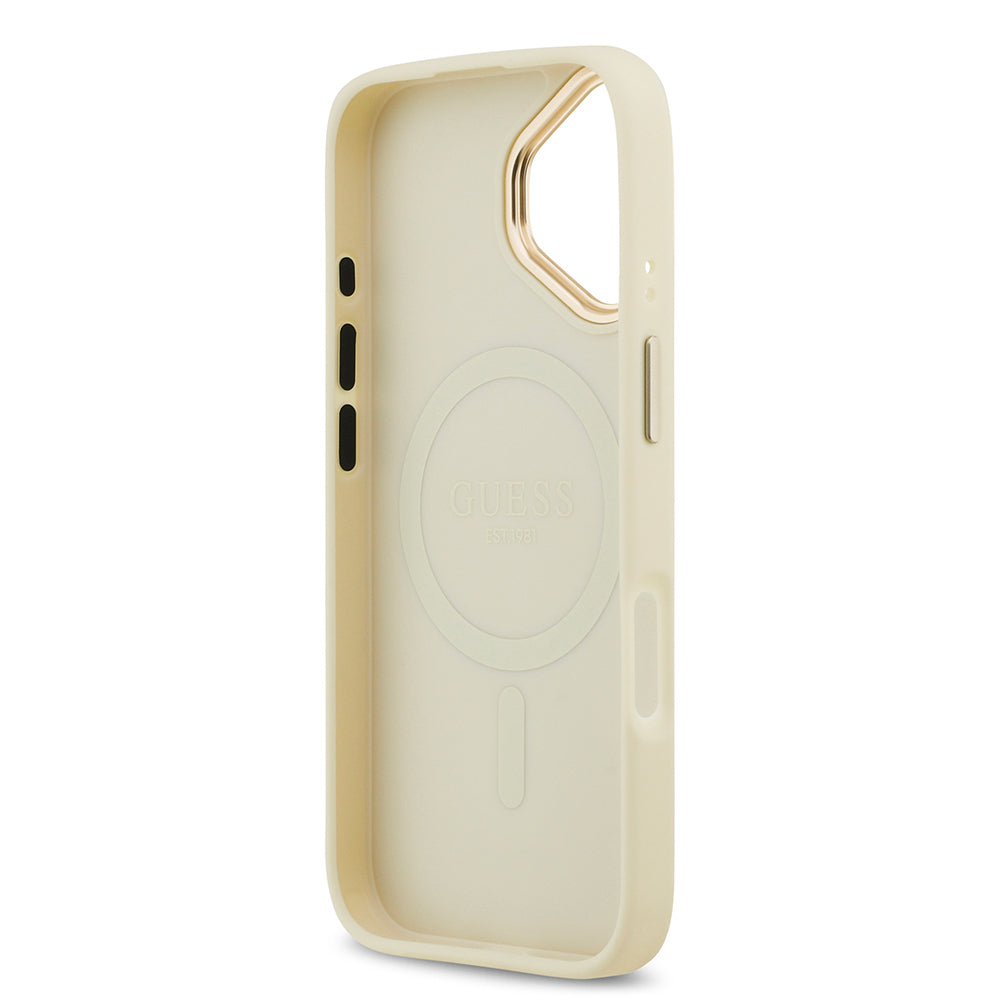 Apple iPhone 17 Kılıf Guess Orjinal Lisanslı M-safe Şarj Özellikli Grained Yazı ve Taşlı 4G Logolu Kapak