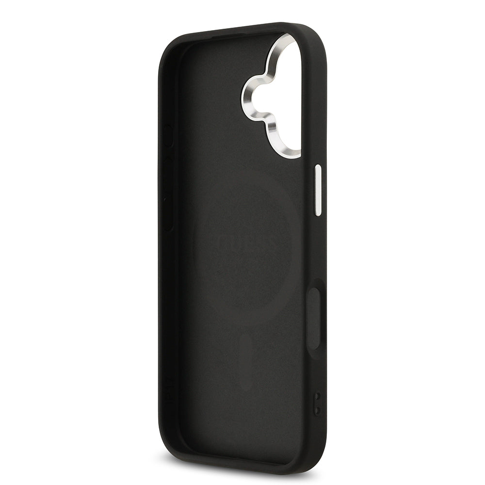 Apple iPhone 17 Kılıf Guess Orjinal Lisanslı M-safe Şarj Özellikli Gümüş Metal Kamera Çerçeveli Üçgen Logo 4G Desenli Kapak