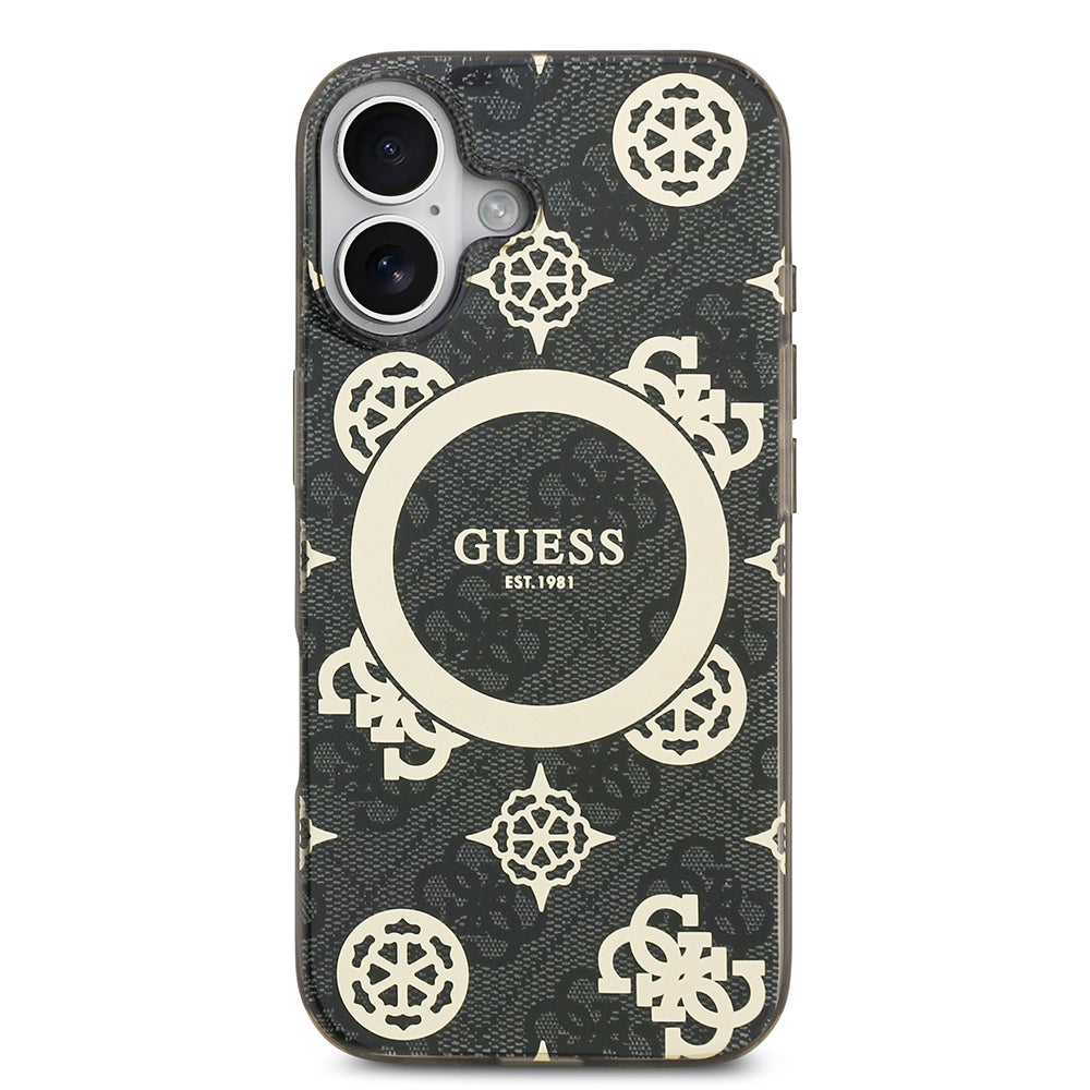 Apple iPhone 17 Kılıf Guess Orjinal Lisanslı M-safe Şarj Özellikli IML Peony ve 4G Desenli Klasik Logolu Kapak