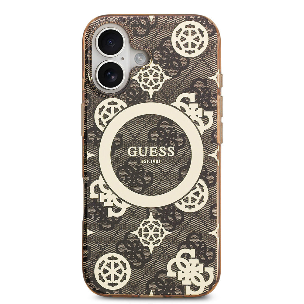 Apple iPhone 17 Kılıf Guess Orjinal Lisanslı M-safe Şarj Özellikli IML Peony ve 4G Desenli Klasik Logolu Kapak