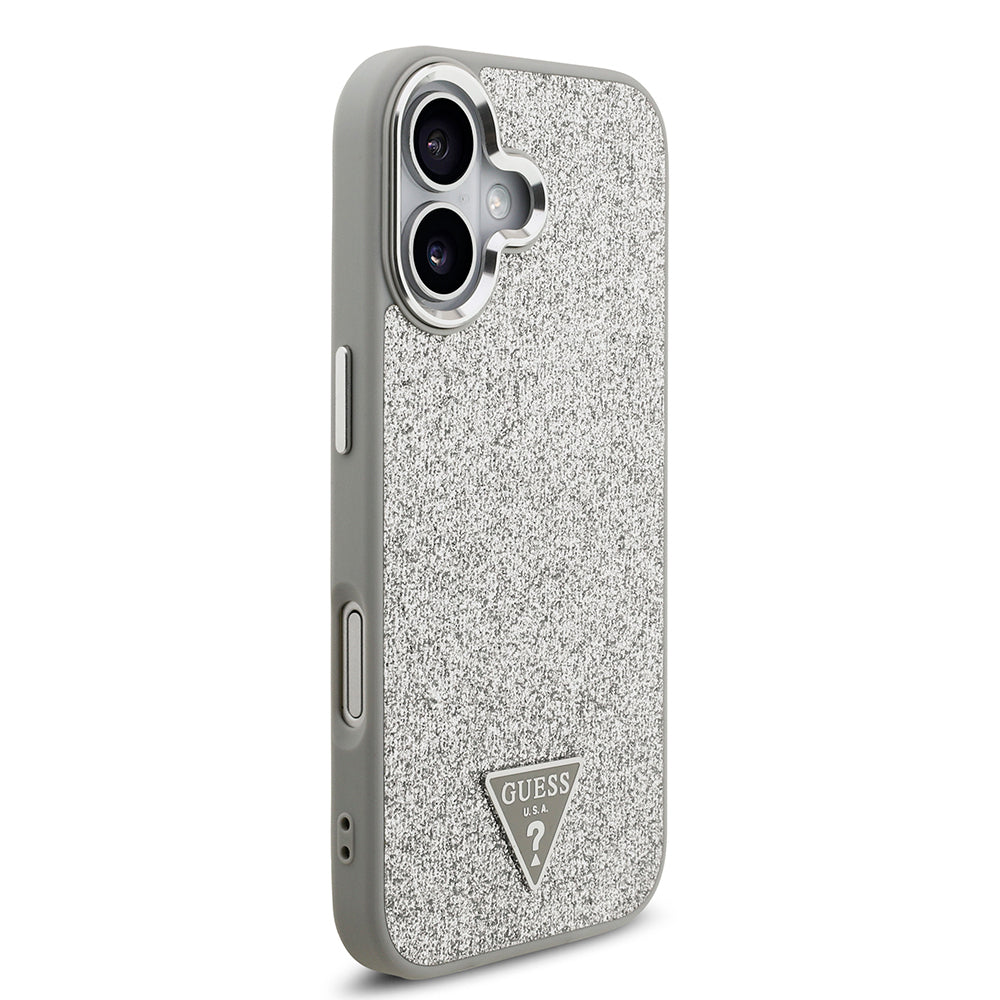 Apple iPhone 17 Kılıf Guess Orjinal Lisanslı M-safe Şarj Özellikli Metal Kamera Çerçeveli Üçgen Logolu Glitter Kapak