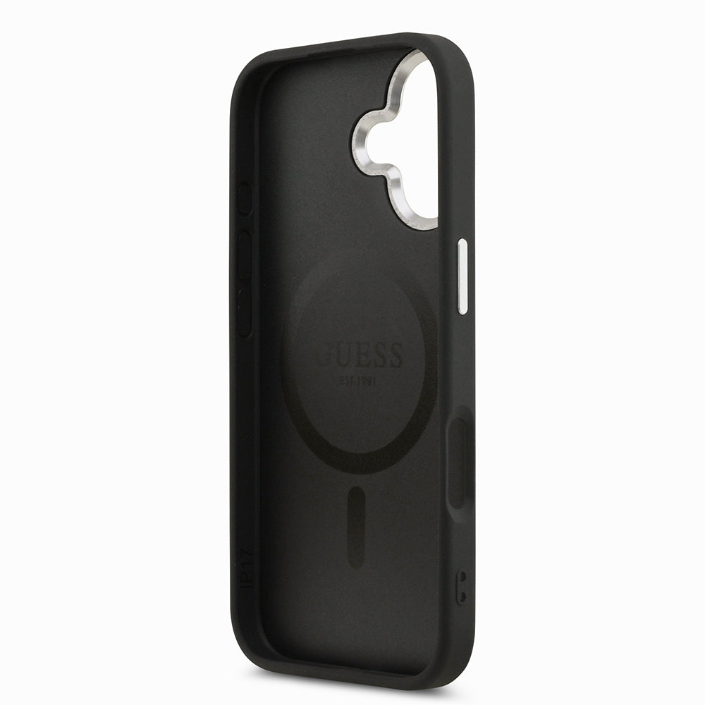Apple iPhone 17 Kılıf Guess Orjinal Lisanslı M-safe Şarj Özellikli PU Deri Metal Kamera Çerçeveli Üçgen Logolu Kapak