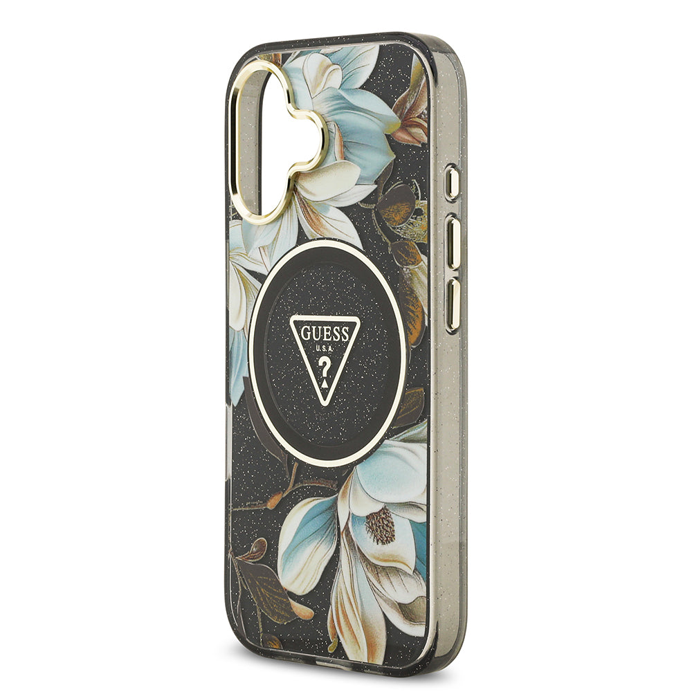 Apple iPhone 17 Kılıf Guess Orjinal Lisanslı M-safe Şarj Özellikli Simli Çiçek Desenli Metal Kamera Çerçeveli Üçgen Logolu Kapak