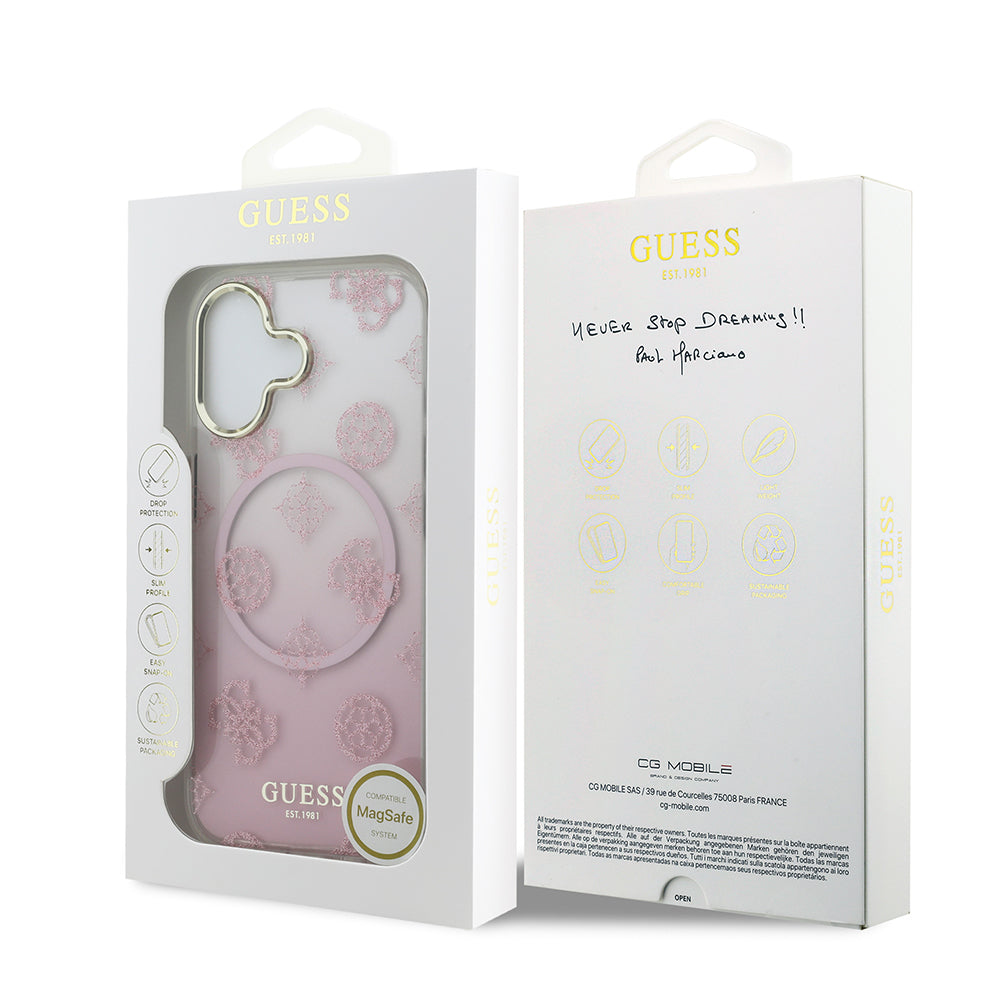 Apple iPhone 17 Kılıf Guess Orjinal Lisanslı M-safe Şarj Özellikli Simli Peony Desenli Silikon Kapak