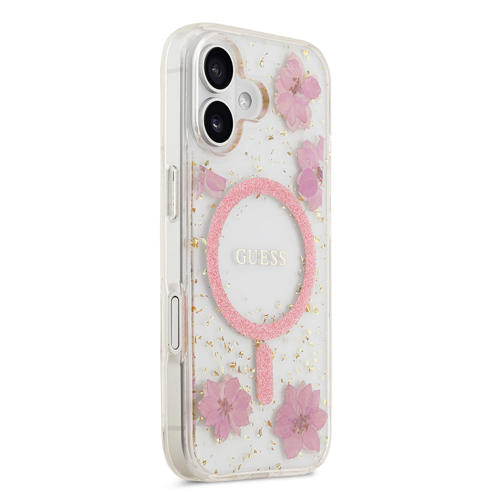 Apple iPhone 17 Kılıf Guess Orjinal Lisanslı M-safe Şarj Özellikli Transparan Resin Flowers Kapak