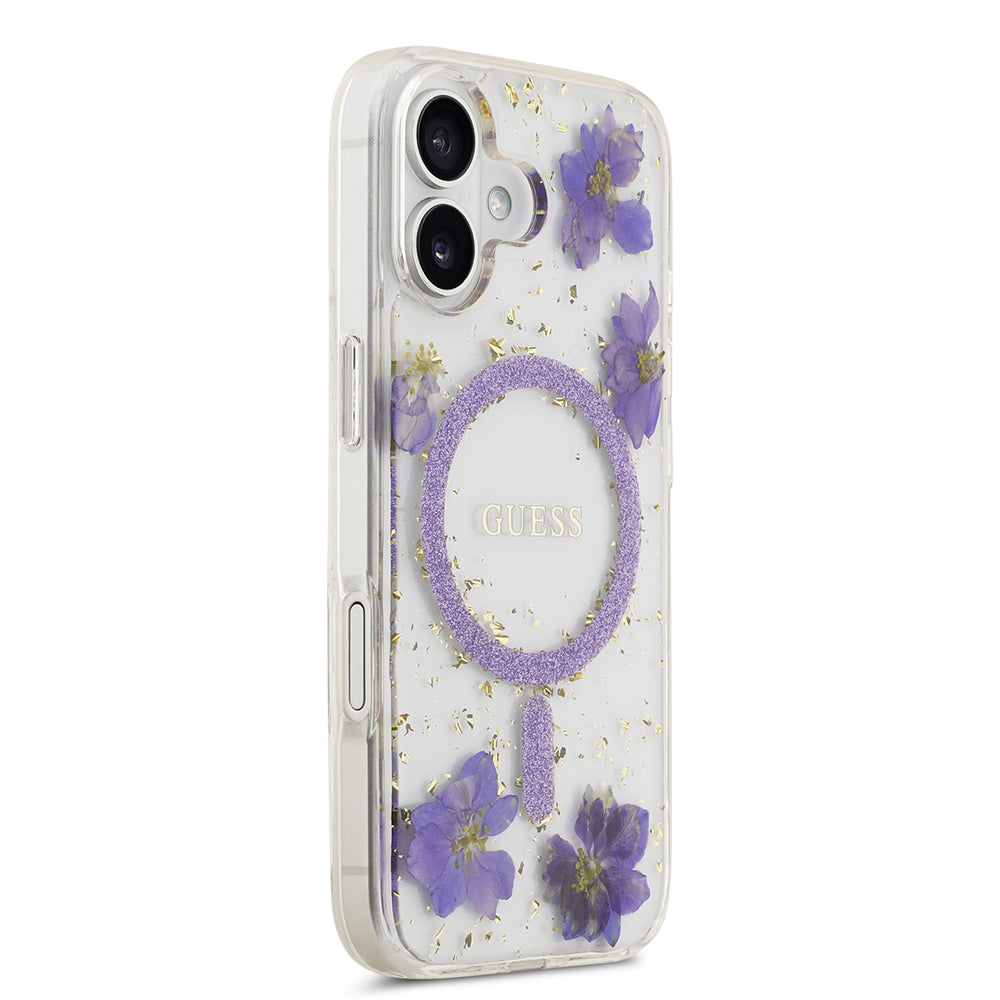 Apple iPhone 17 Kılıf Guess Orjinal Lisanslı M-safe Şarj Özellikli Transparan Resin Flowers Kapak