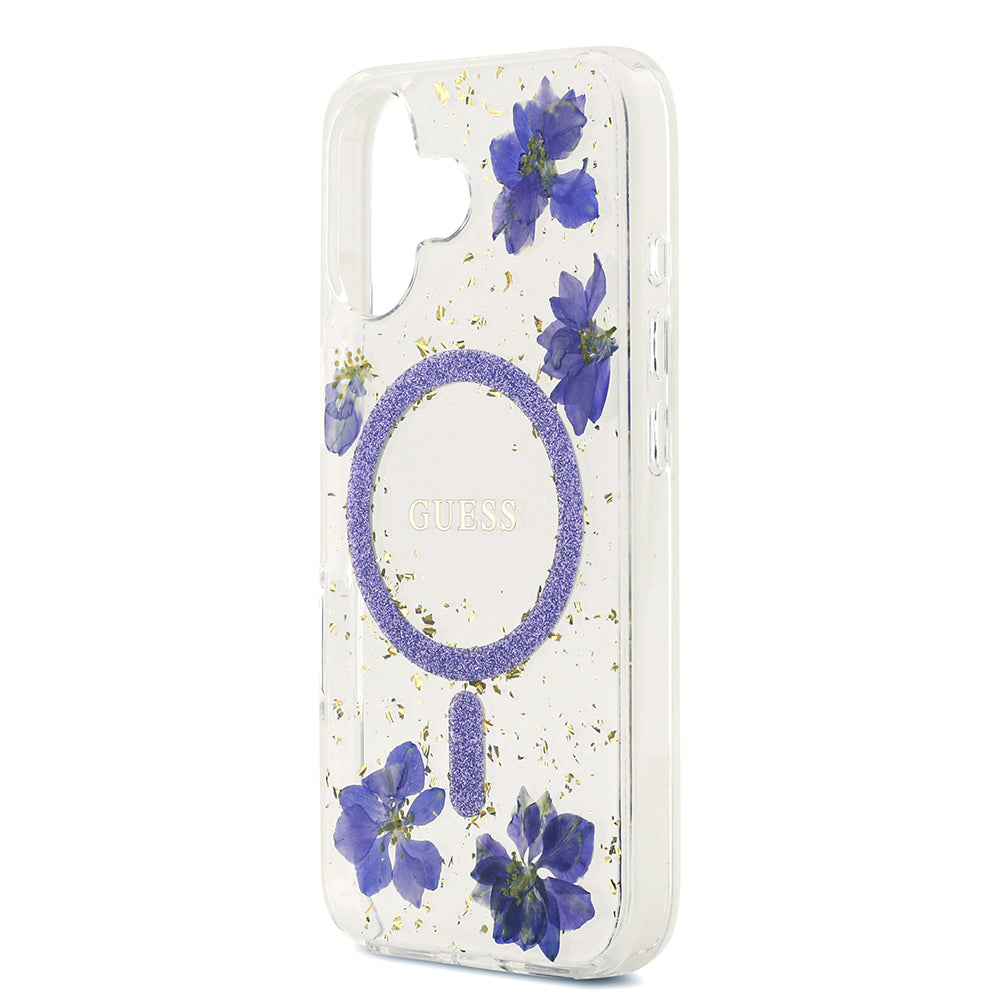 Apple iPhone 17 Kılıf Guess Orjinal Lisanslı M-safe Şarj Özellikli Transparan Resin Flowers Kapak