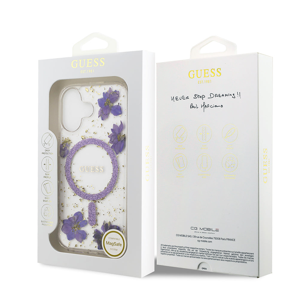 Apple iPhone 17 Kılıf Guess Orjinal Lisanslı M-safe Şarj Özellikli Transparan Resin Flowers Kapak