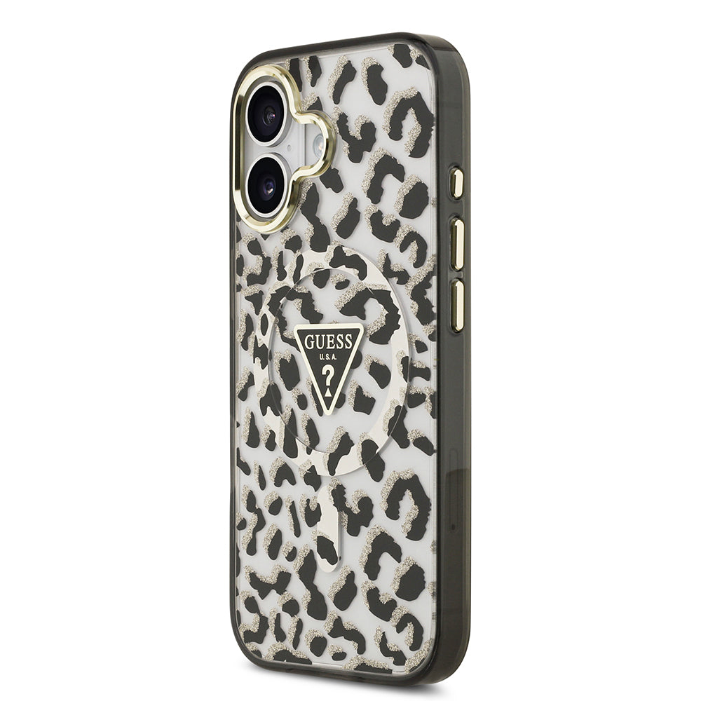 Apple iPhone 17 Kılıf Guess Orjinal Lisanslı M-safe Şarj Özellikli Üçgen Logolu Simli Leopar Desenli Kapak