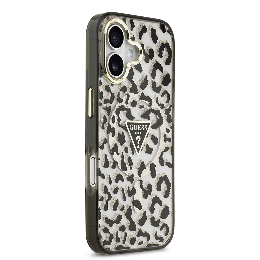 Apple iPhone 17 Kılıf Guess Orjinal Lisanslı M-safe Şarj Özellikli Üçgen Logolu Simli Leopar Desenli Kapak