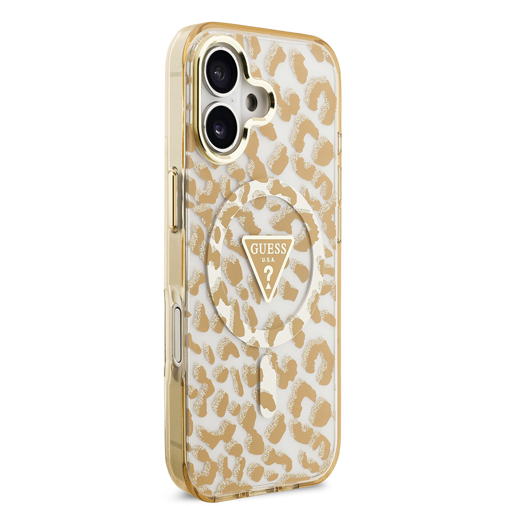 Apple iPhone 17 Kılıf Guess Orjinal Lisanslı M-safe Şarj Özellikli Üçgen Logolu Simli Leopar Desenli Kapak