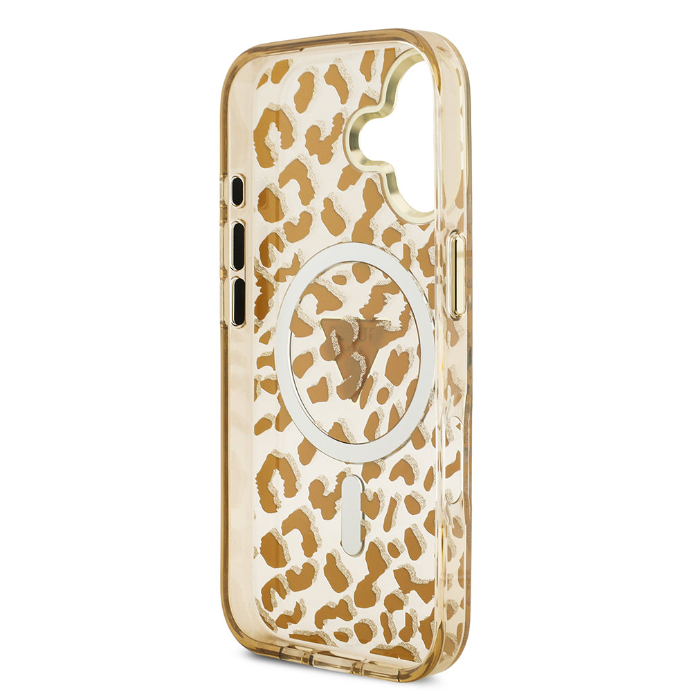 Apple iPhone 17 Kılıf Guess Orjinal Lisanslı M-safe Şarj Özellikli Üçgen Logolu Simli Leopar Desenli Kapak