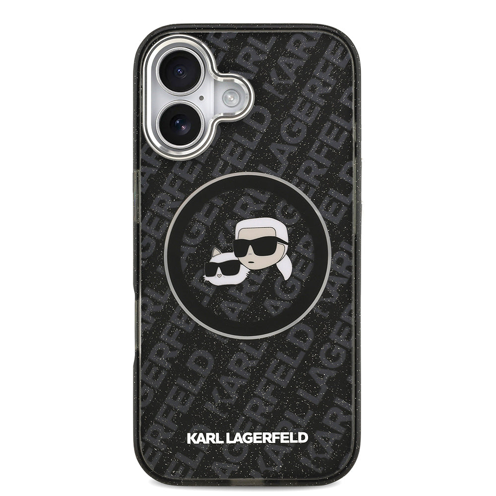 Apple iPhone 17 Kılıf Karl Lagerfeld Orjinal Lisanslı Parlayan Simli Karl & Choupette Heads Kapak