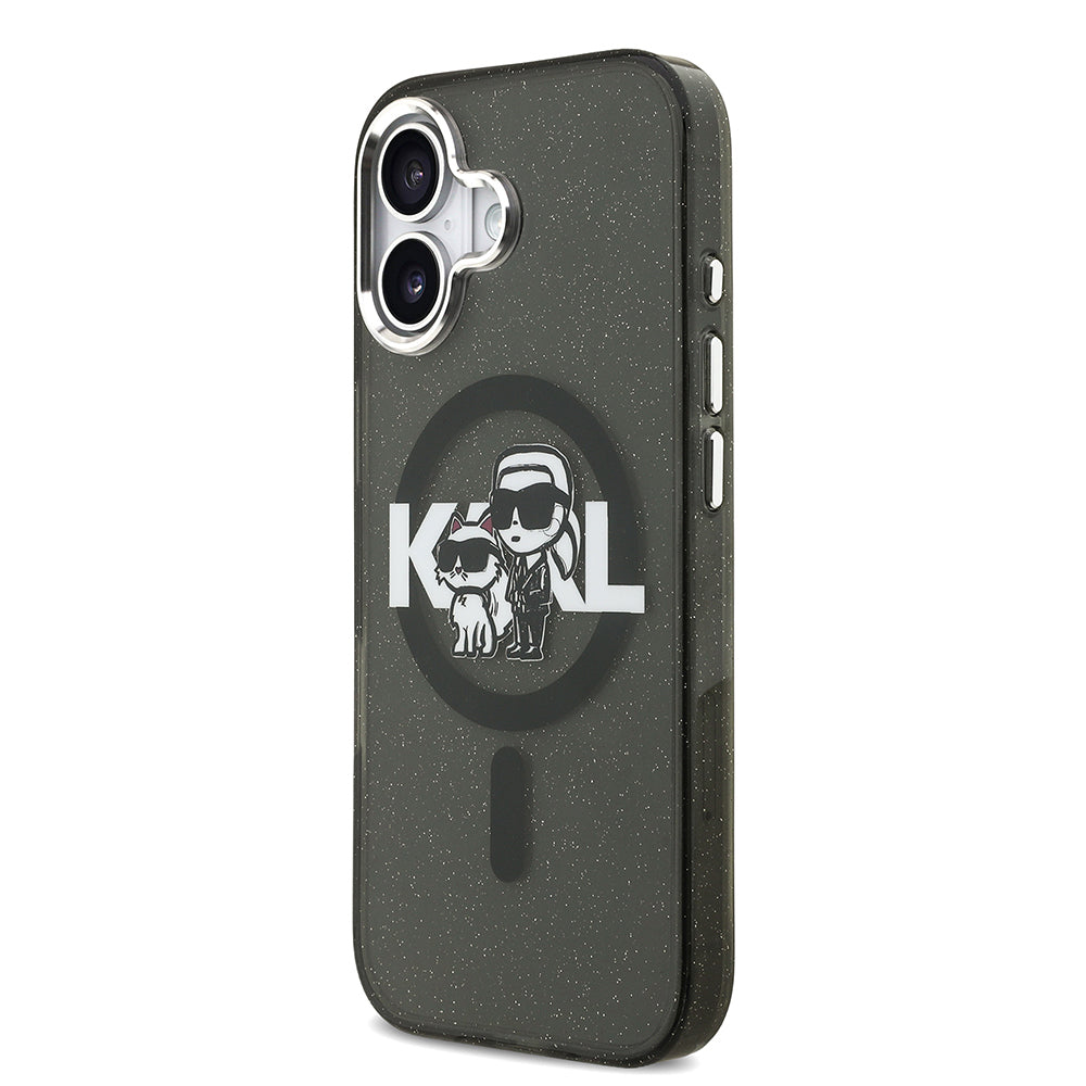 Apple iPhone 17 Kılıf Karl Lagerfeld Orjinal Lisanslı Parlayan Simli Karl & Choupette Sketch Logo Kapak