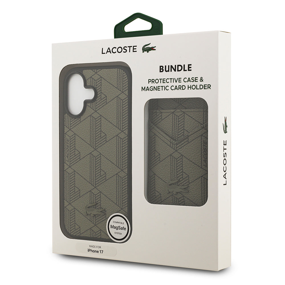 Apple iPhone 17 Kılıf Lacoste Orjinal Lisanslı M-safe Şarj Özellikli PU Deri Tasarımlı Kartlıklı Karışık Monogram Desenli Kapak